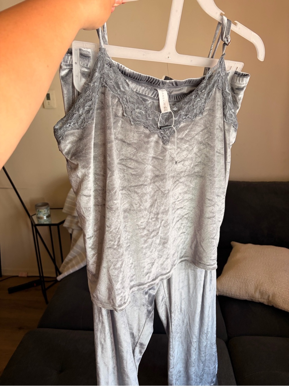 Women's Lace-Trim Velvet Cami Pajama Set - Silver Danskin